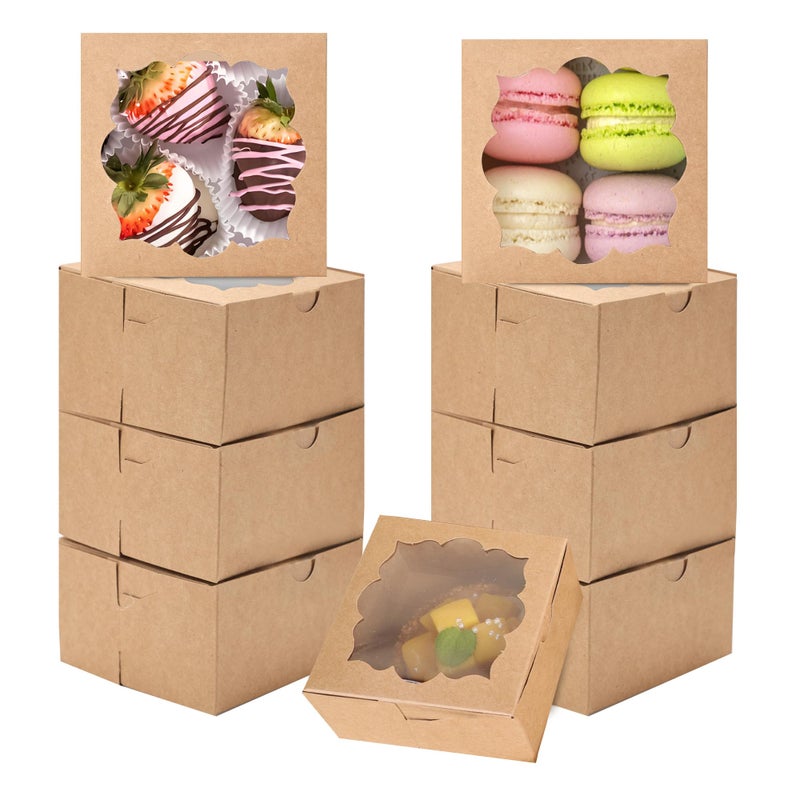 NPLUX 50pcs Cookie Boxes with Window Bakery Boxes Small Treat Boxes Mini Pie Boxes Pastry Boxes 4x4x2.5in(Brown) - Image 1